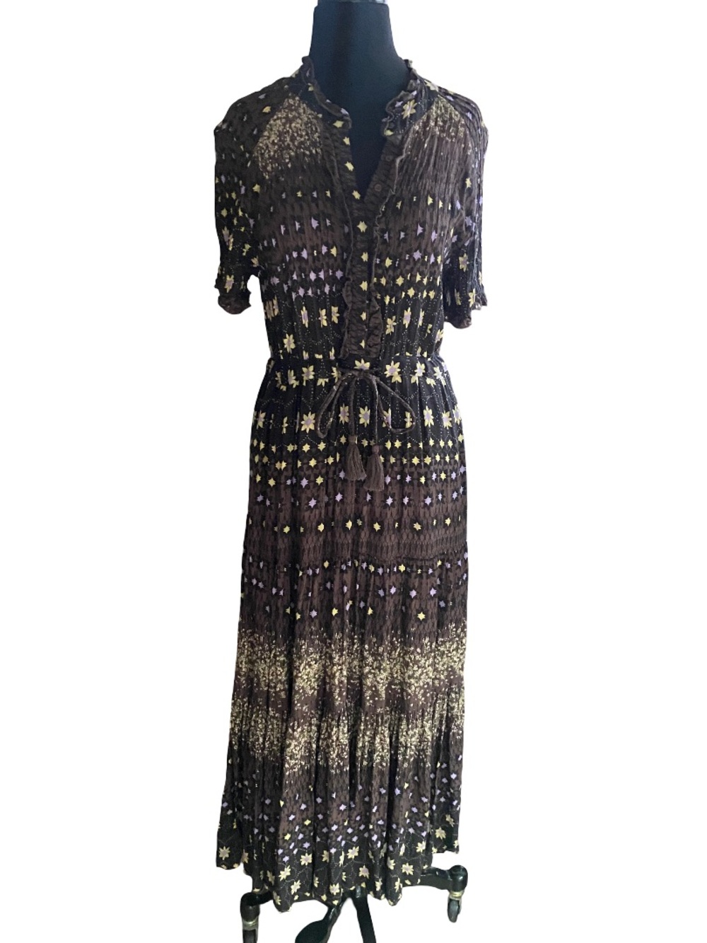 Free People Rare Feelings black floral tie front boho maxi dress size medium